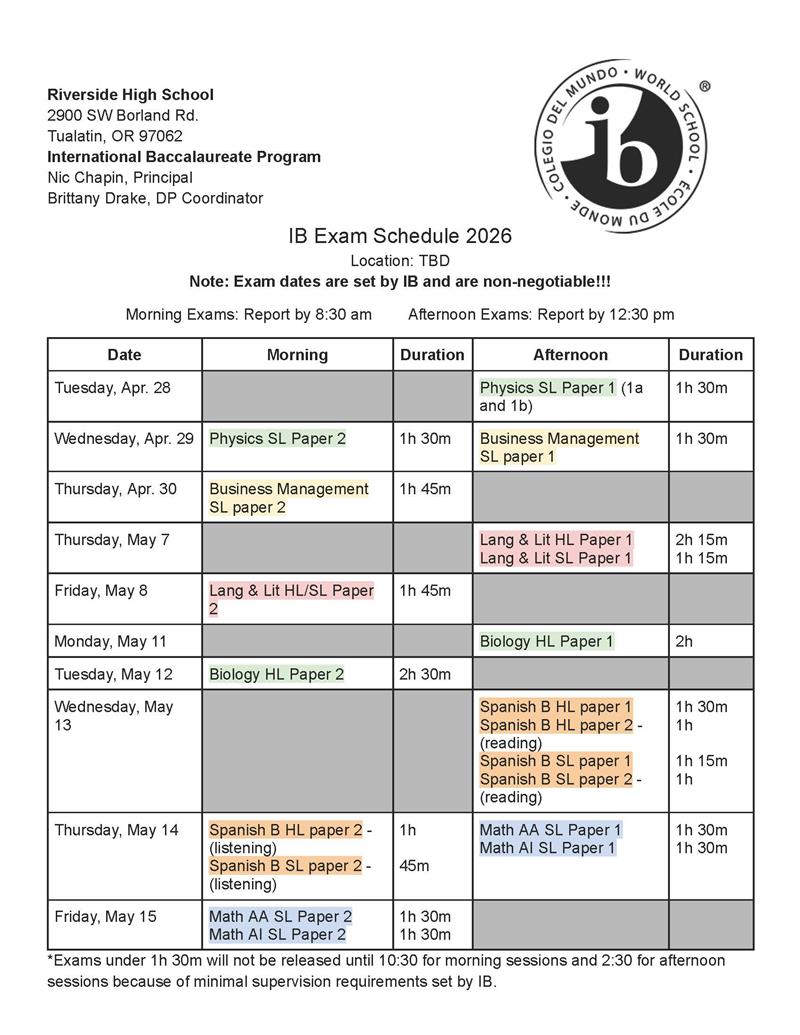 IB Exam Schedule 2026